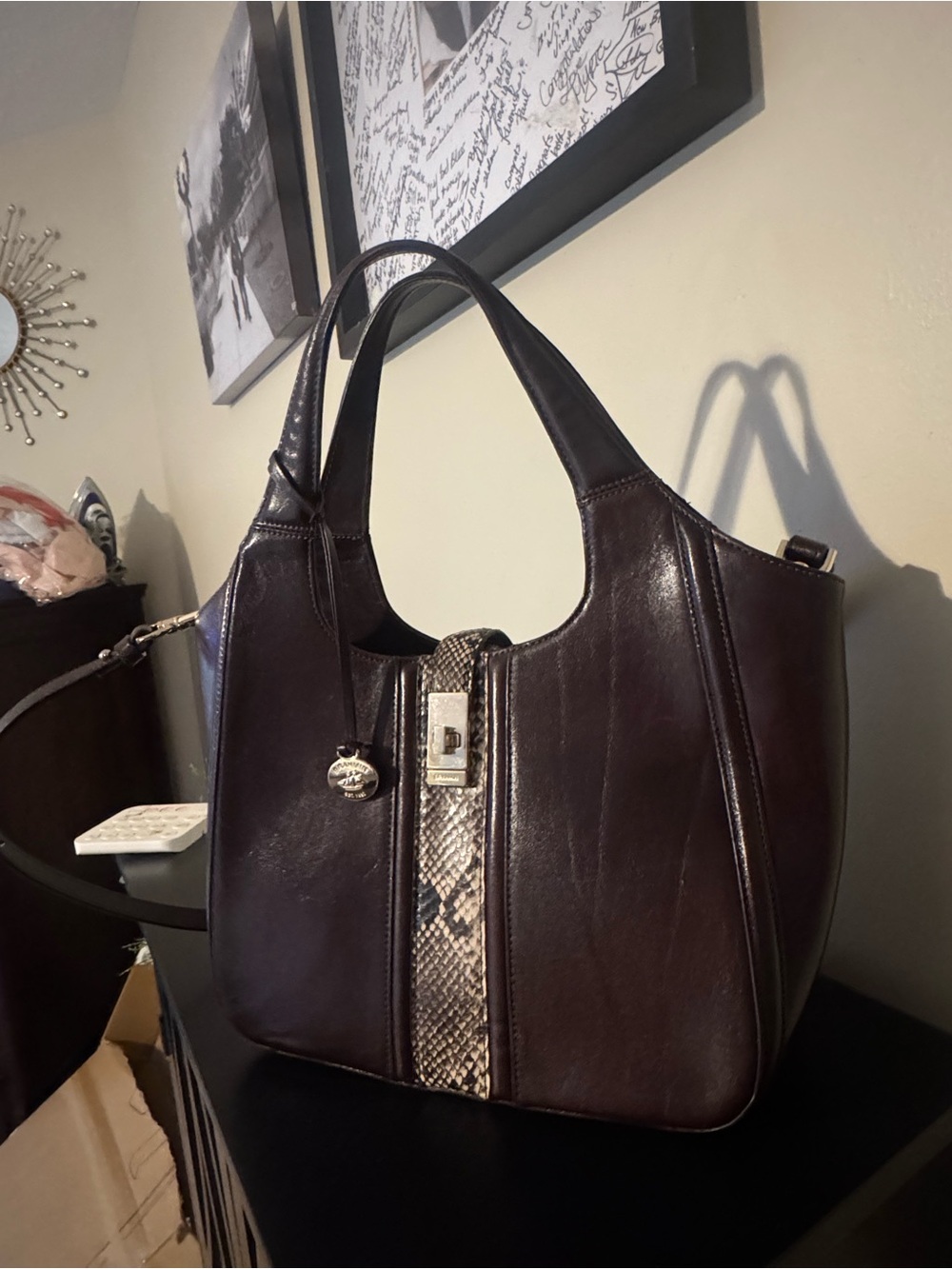 Brahmin Carla Dark Brown Leather Shoulder Bag with Snake-Print Accent - Picture 2 of 8